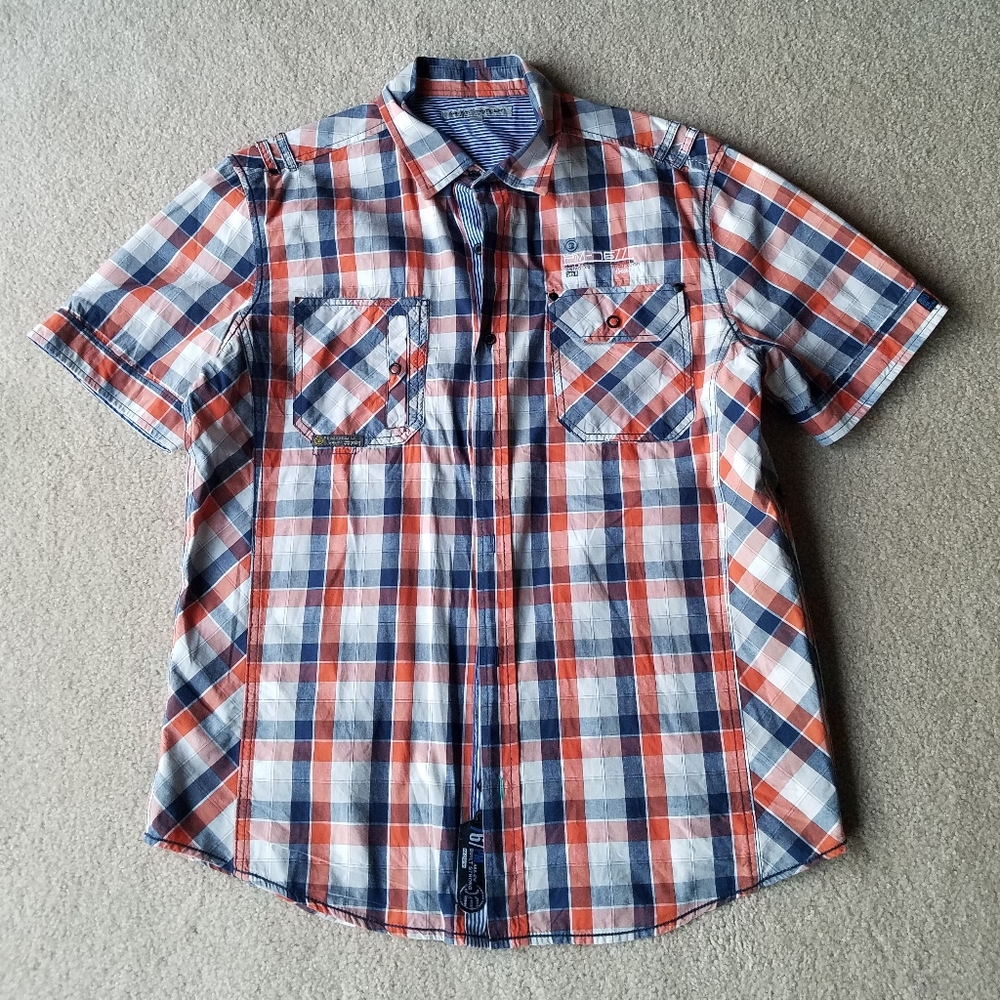 Men's Blue & Orange Plaid Short-Sleeve Button-Down Shirt from Paris